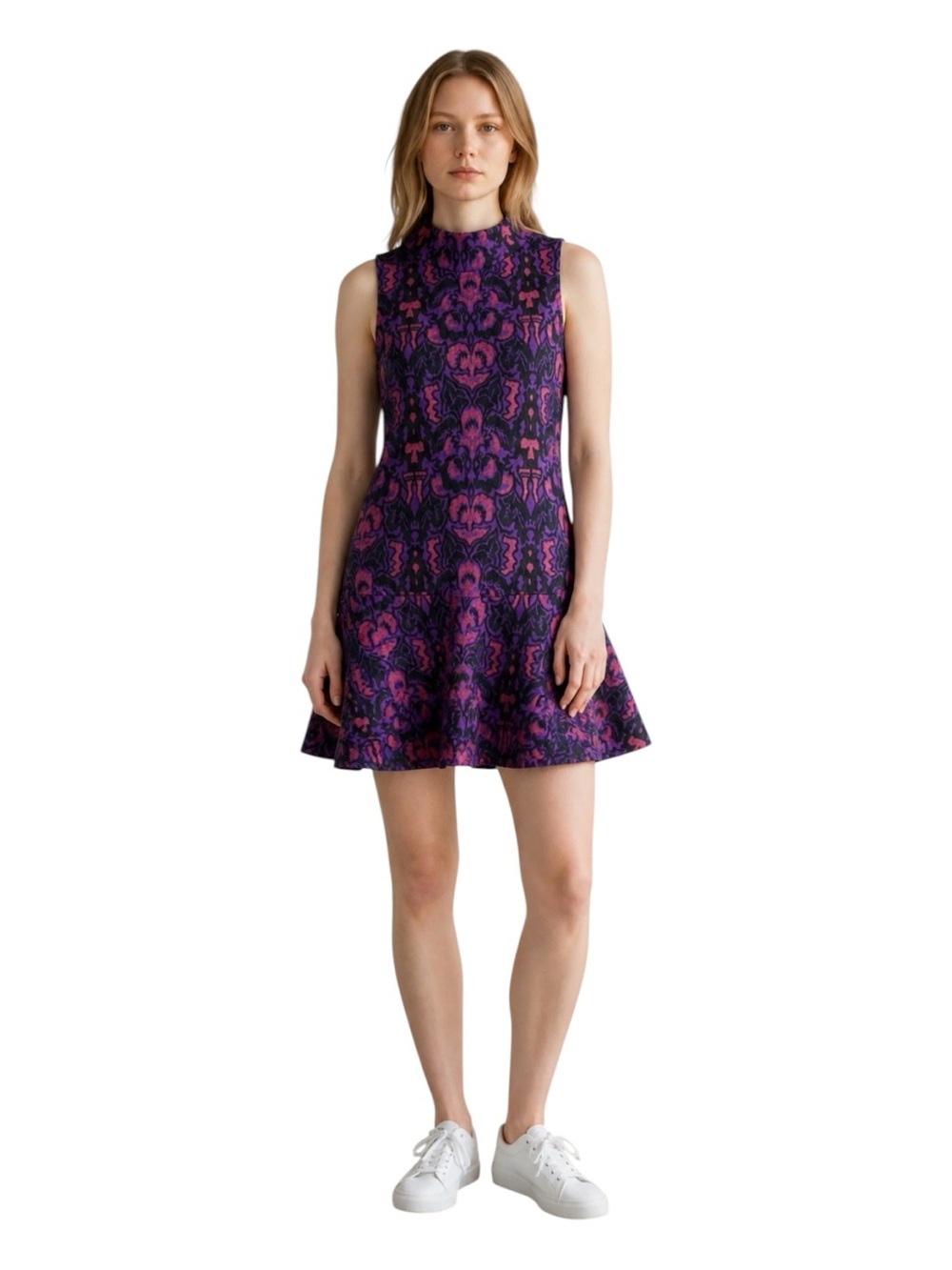 Free People Amelia Knit Dress 1960s Paisley Sleeveless Purple and Black, Size S